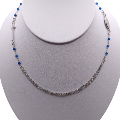 GARGANTILLA 18&quot; A 20&quot; AJUSTABLE CON CRUZ Y V MILAGROSA, AZUL. PLATA .925