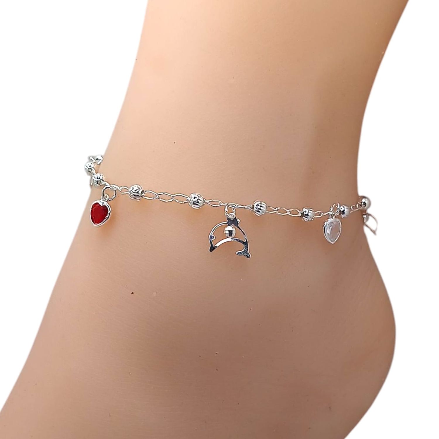 Tobillera Corazones cz roja  y blanco con delfines. 9.5&quot; de largo. PLATA .925