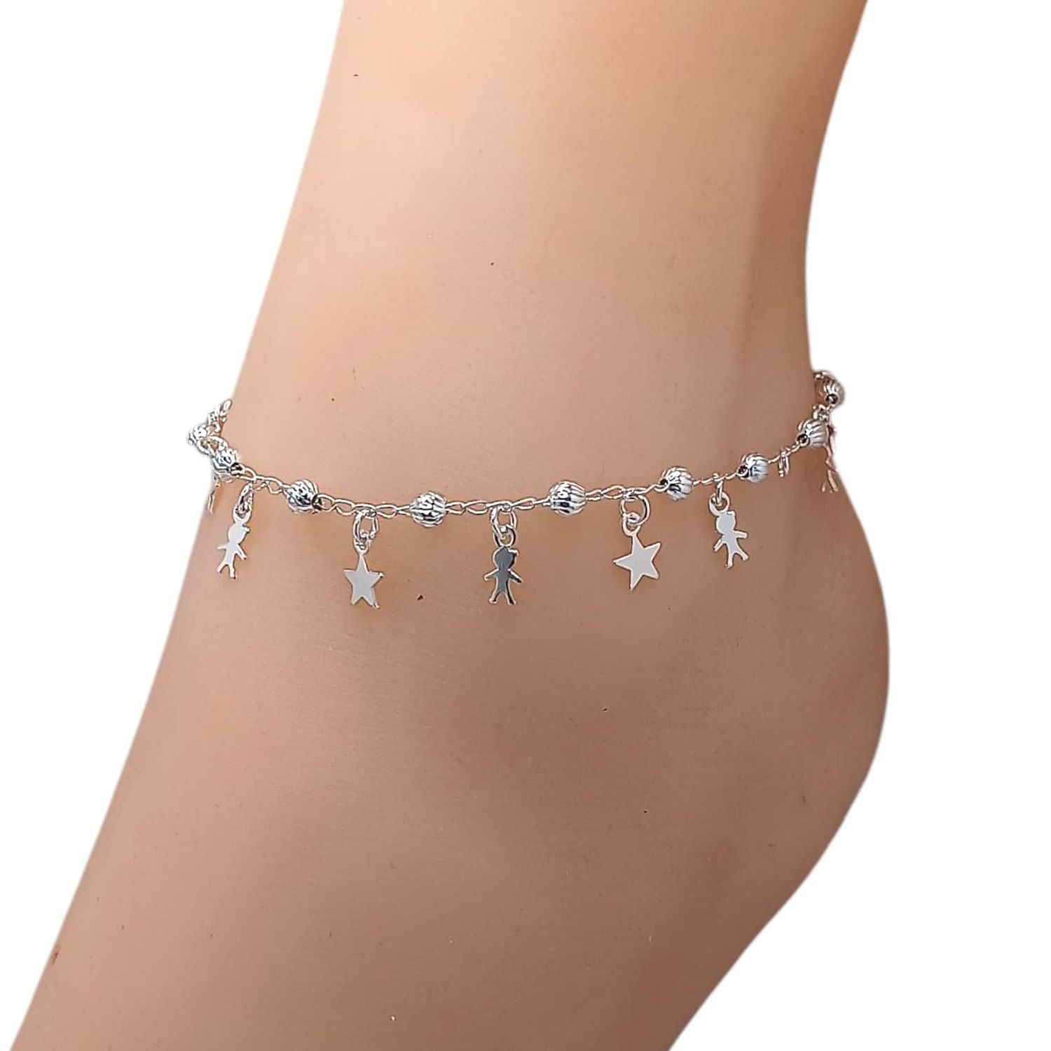 Tobillera estrellas y niños, 9.5&quot; de largo. PLATA .925