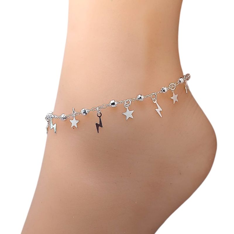 Tobillera bola facetada, rayos y estrellas. 9.5&quot; de largo. PLATA .925