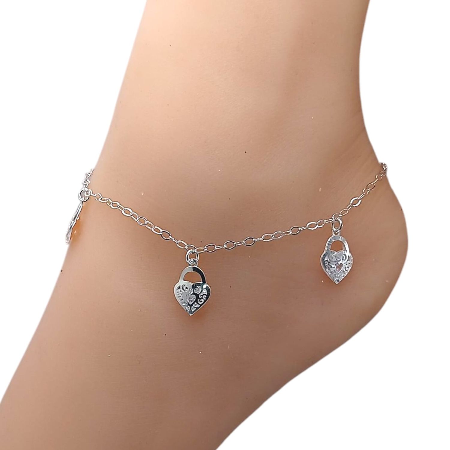 Tobillera Corazón candado con circonias. 9.5&quot; de largo PLATA .925