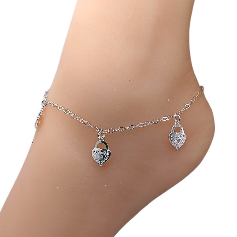 Tobillera Corazón candado con circonias. 9.5&quot; de largo PLATA .925