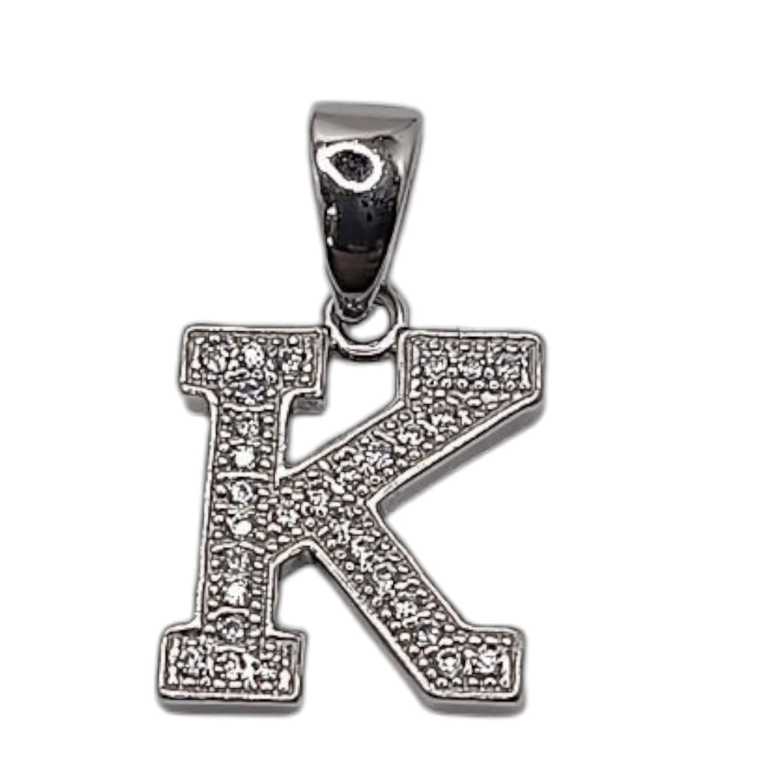 DIJE LETRA K  1.5 CM PLATA  RODISADA CON MICROPAVE PLATA .925