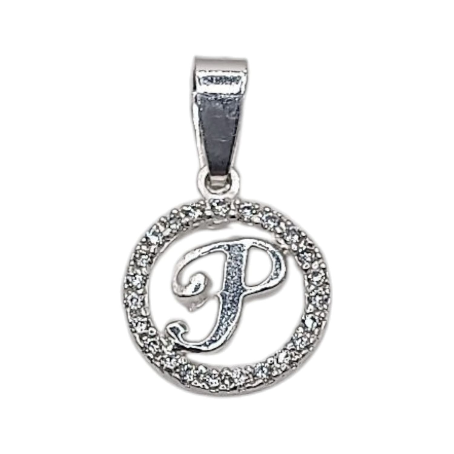 Dije letra P con circonias. 1.5 cm. de diametro. PLATA .925