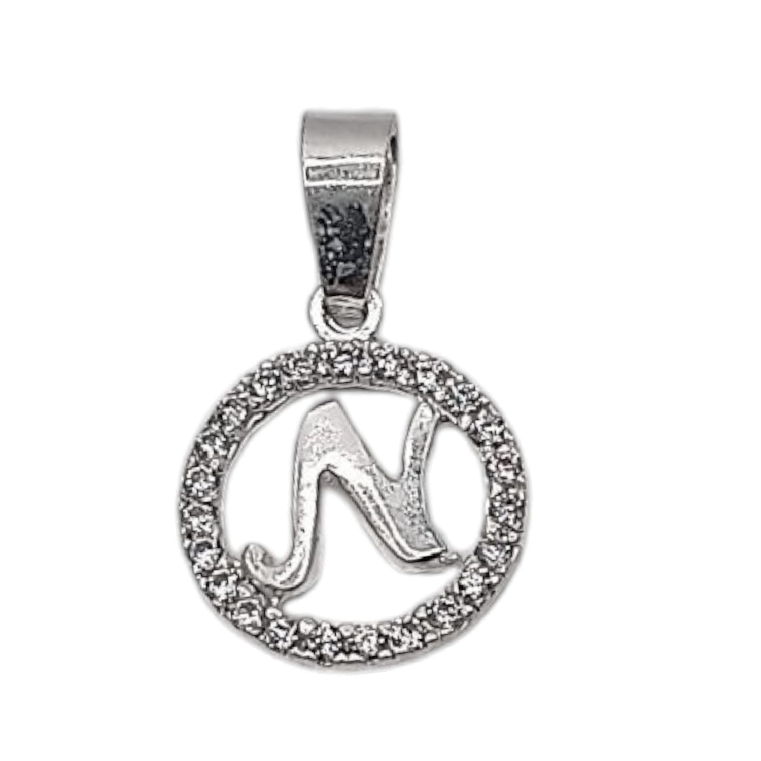 Dije letra N con circonias. 1.5 cm. de diametro. PLATA .925