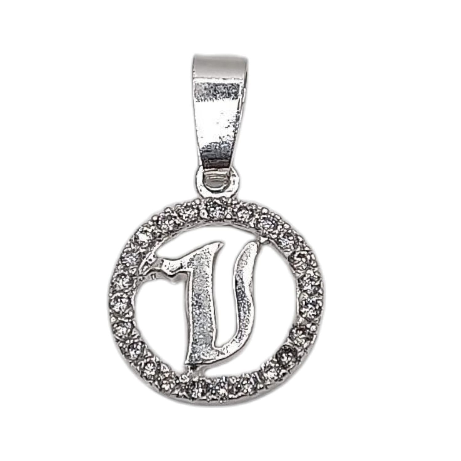 Dije letra V con circonias. 1.5 cm. de diametro. PLATA .925