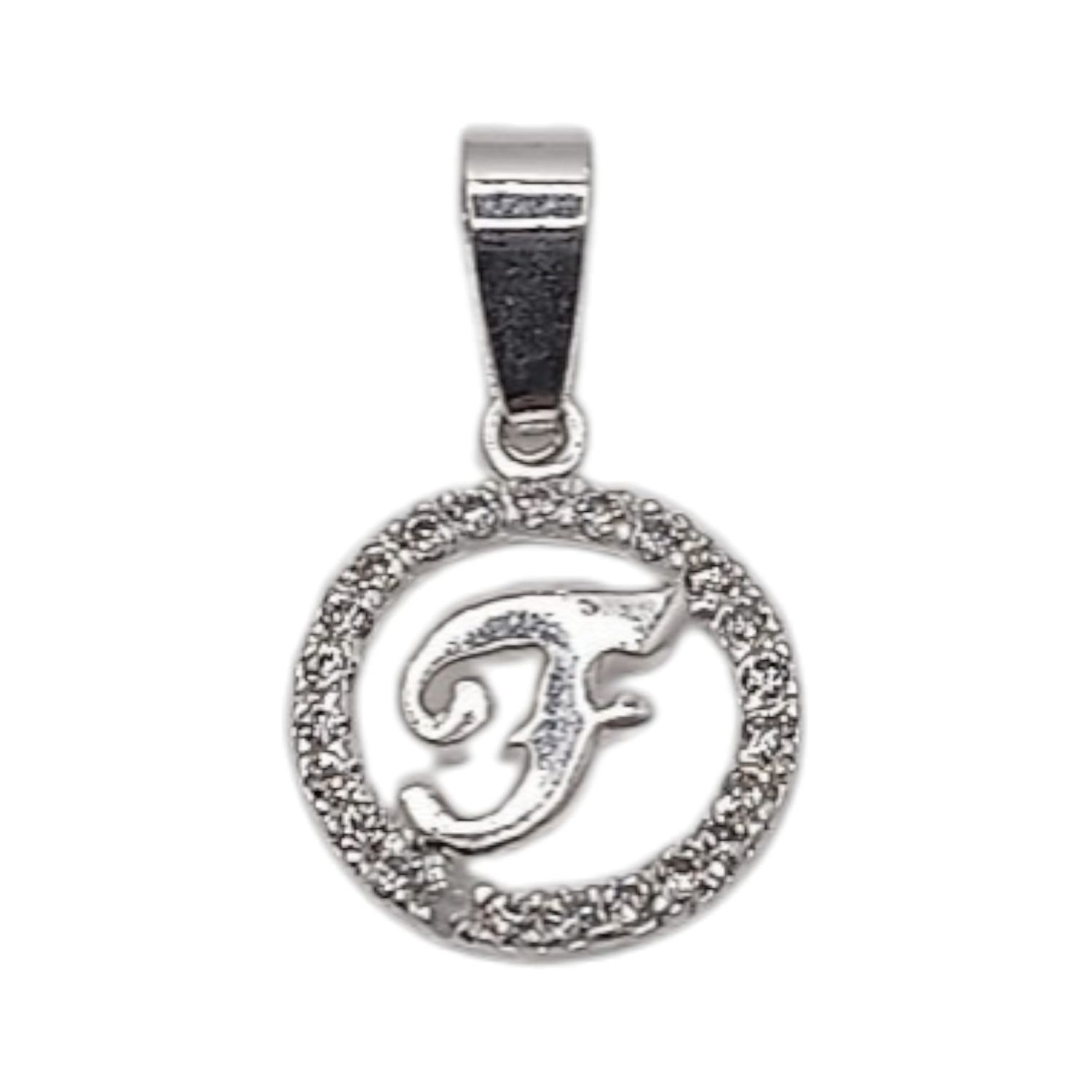 Dije letra F con circonias. 1.5 cm. de diametro. PLATA .925