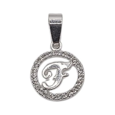 Dije letra F con circonias. 1.5 cm. de diametro. PLATA .925