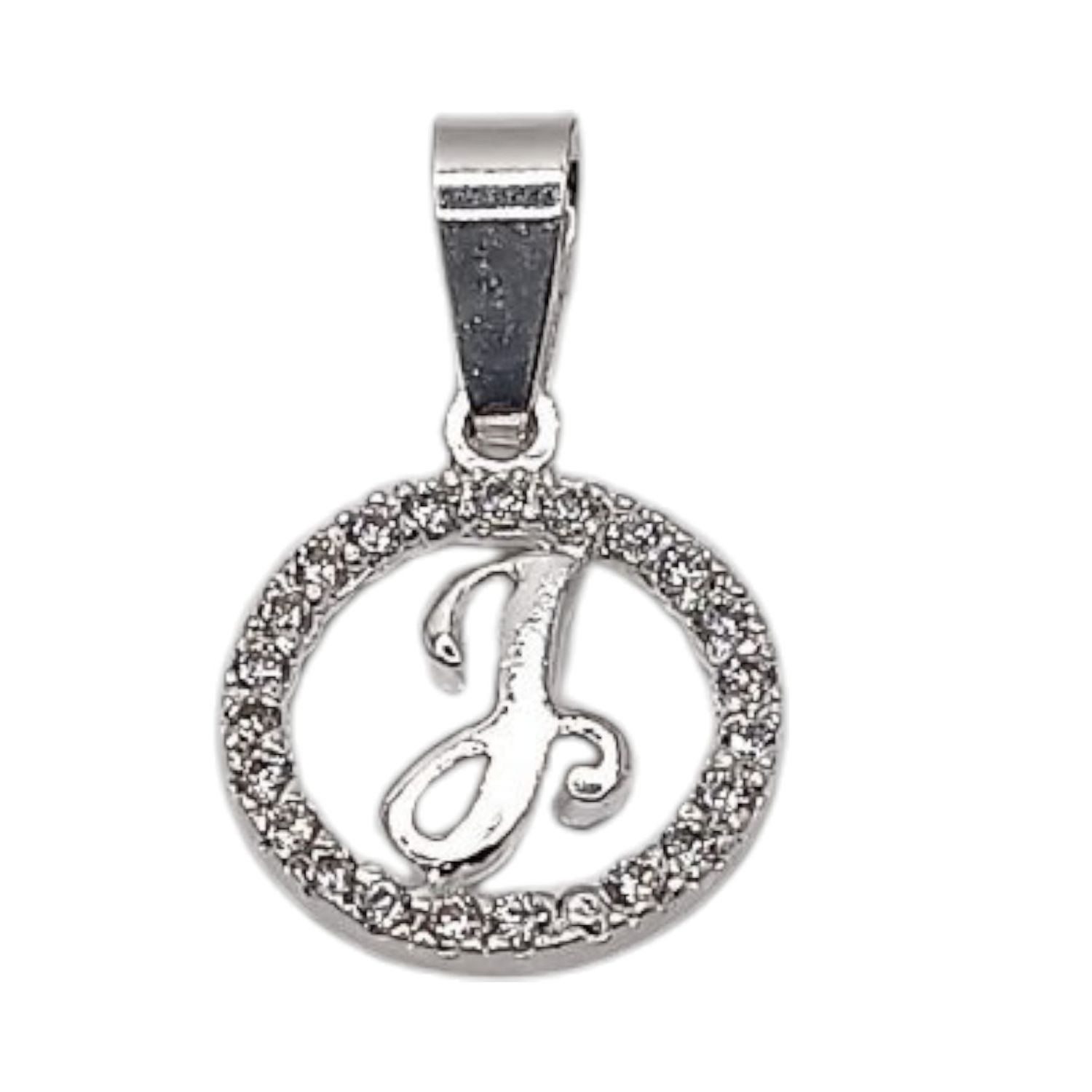 Dije letra J con circonias. 1.5 cm. de diametro. PLATA .925