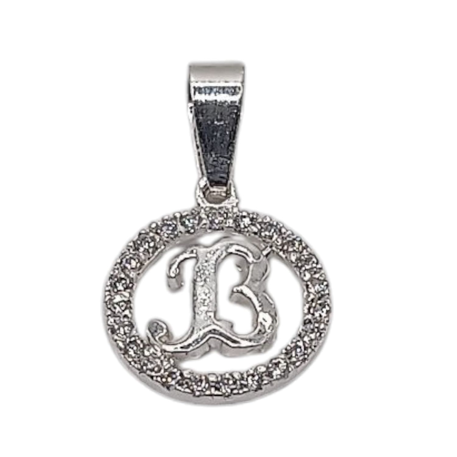 Dije letra B con circonias. 1.5 cm. de diametro. PLATA .925