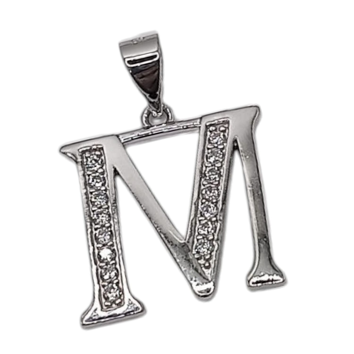 DIJE LETRA M CON MINI CZ 2 CM LARGO TOTAL PLATA .925