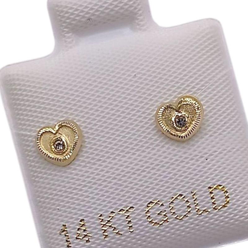 BROQUEL CORAZON CON MINI CZ, BROCHE DE BOLITA ORO 14K