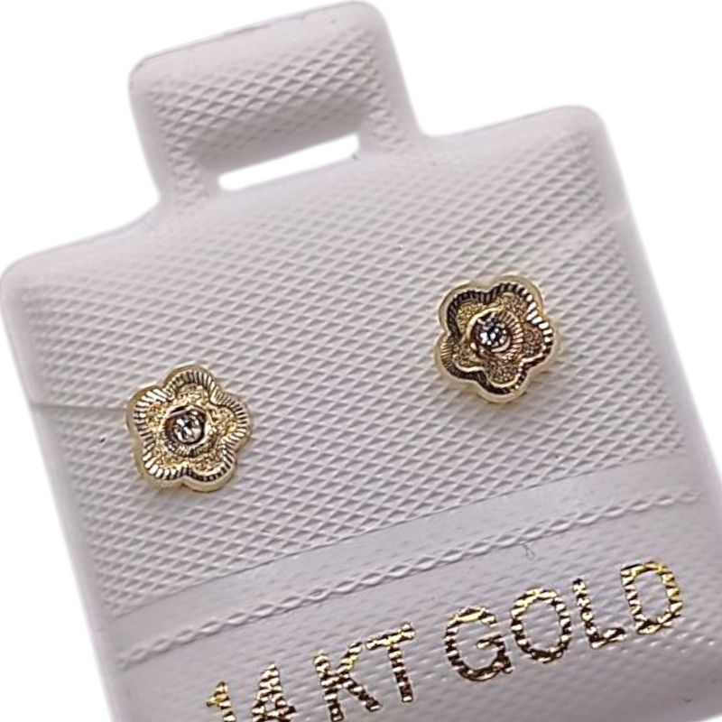 BROQUEL FLORECITA CON MINI CZ, BROCHE DE BOLITA ,ORO 14K