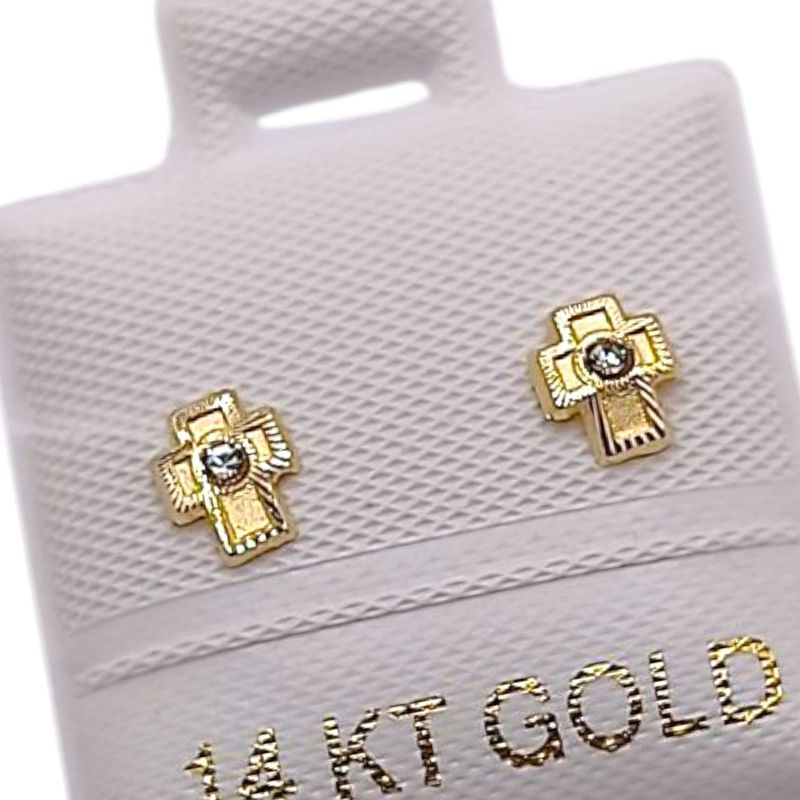 BROQUEL CRUZ CON MINI CZ, BROCHE BOLITA, ORO 14K