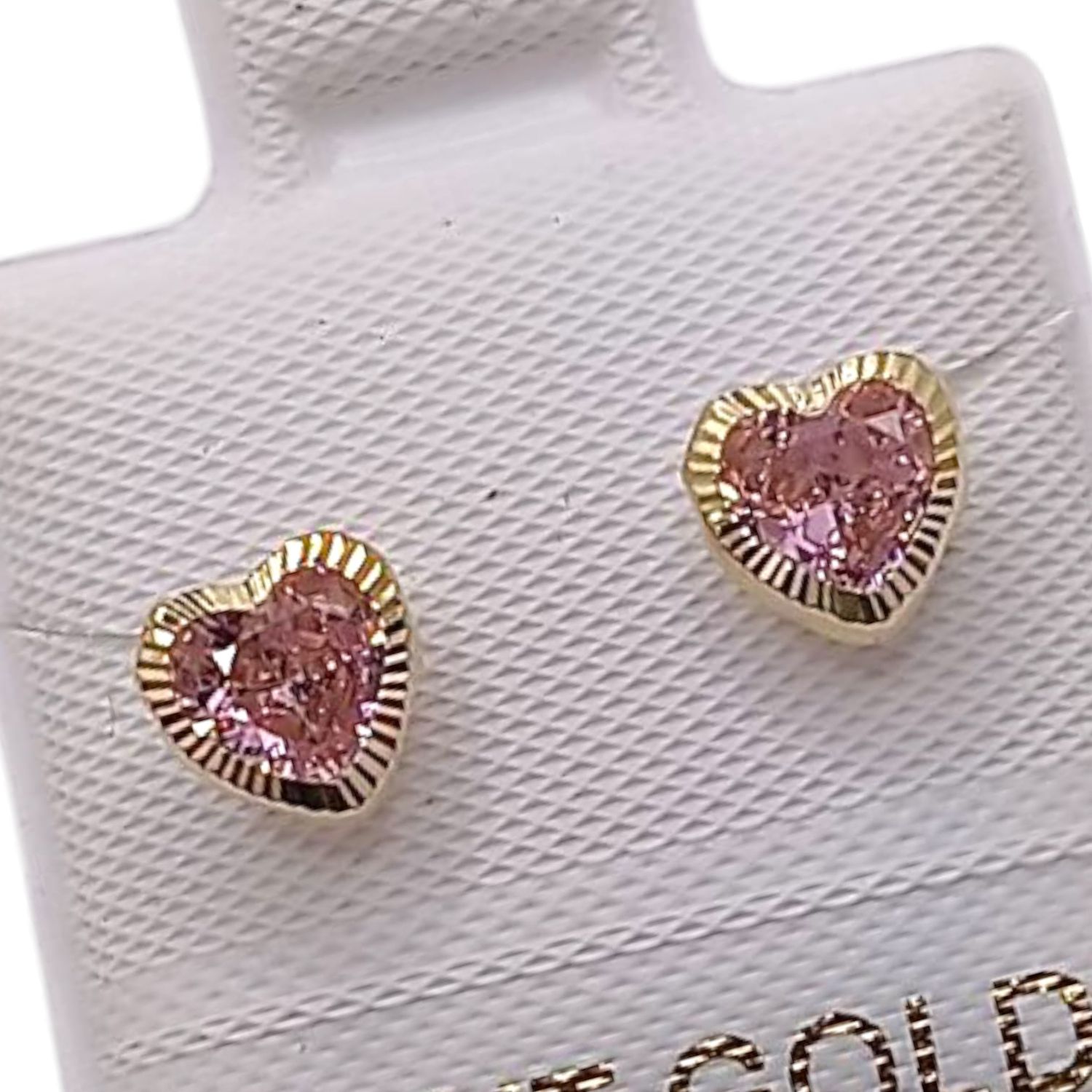 BROQUEL CORAZON BISELADO CZ ROSA, BROCHE BOLITA, ORO 14K