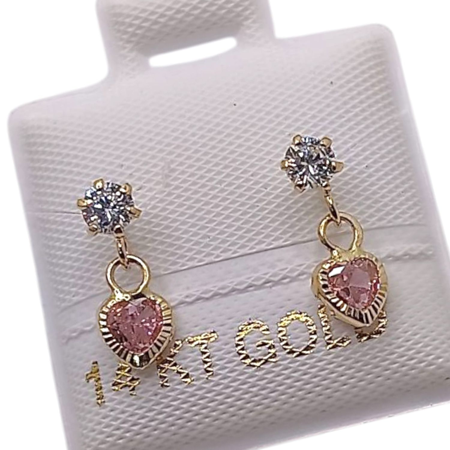 BROQUEL CORAZON COLGANTE CZ ROSA, ORO 14K
