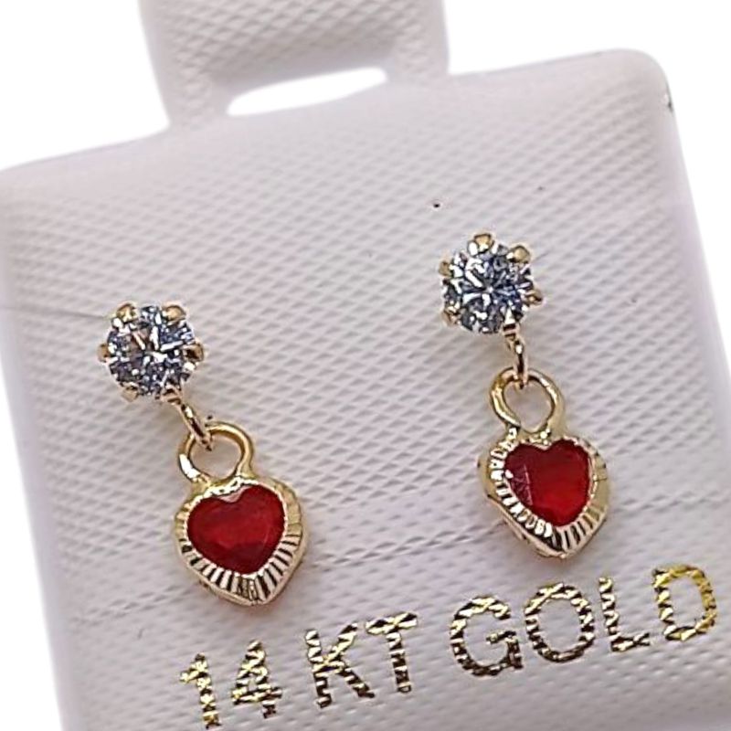 BROQUEL COLGANTE CORAZON CZ ROJA , BROCHE BOLITA , ORO 14K