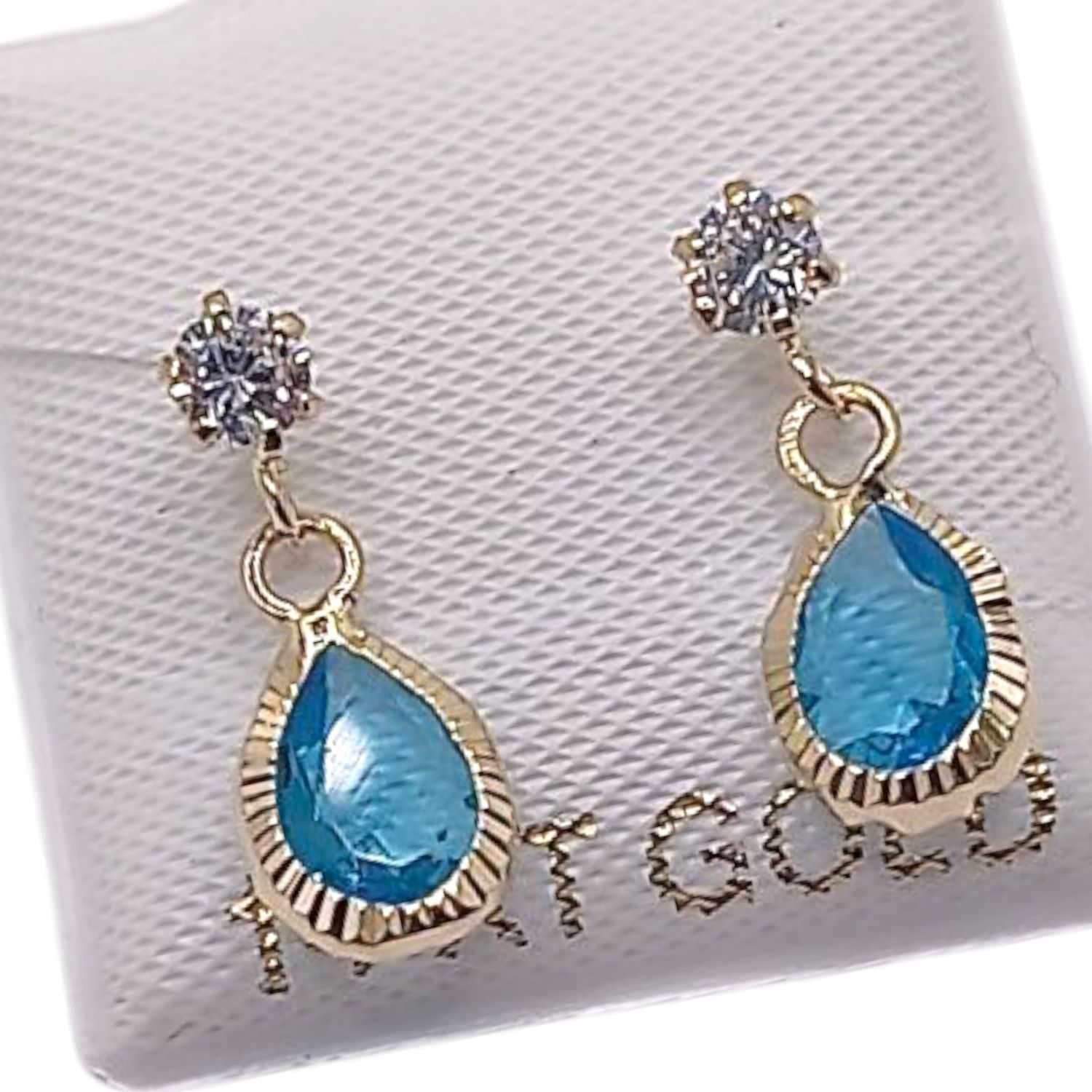 BROQUEL GOTA COLGANTE CZ AZ, BROCHE  BOLITA, ORO 14K