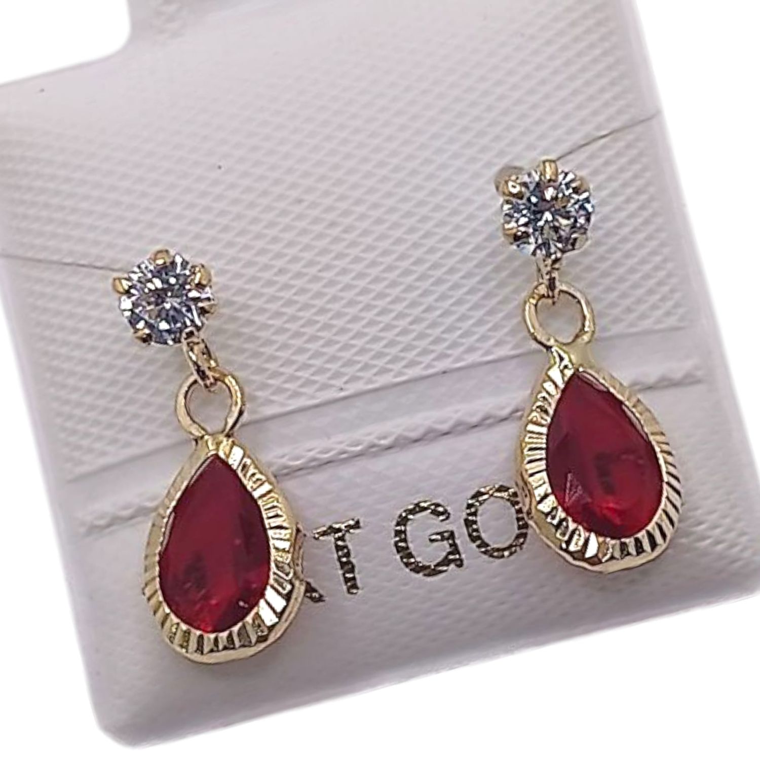 BROQUEL GOTA BISELADA CZ ROJA , BROCHE BOLITA, ORO 14K