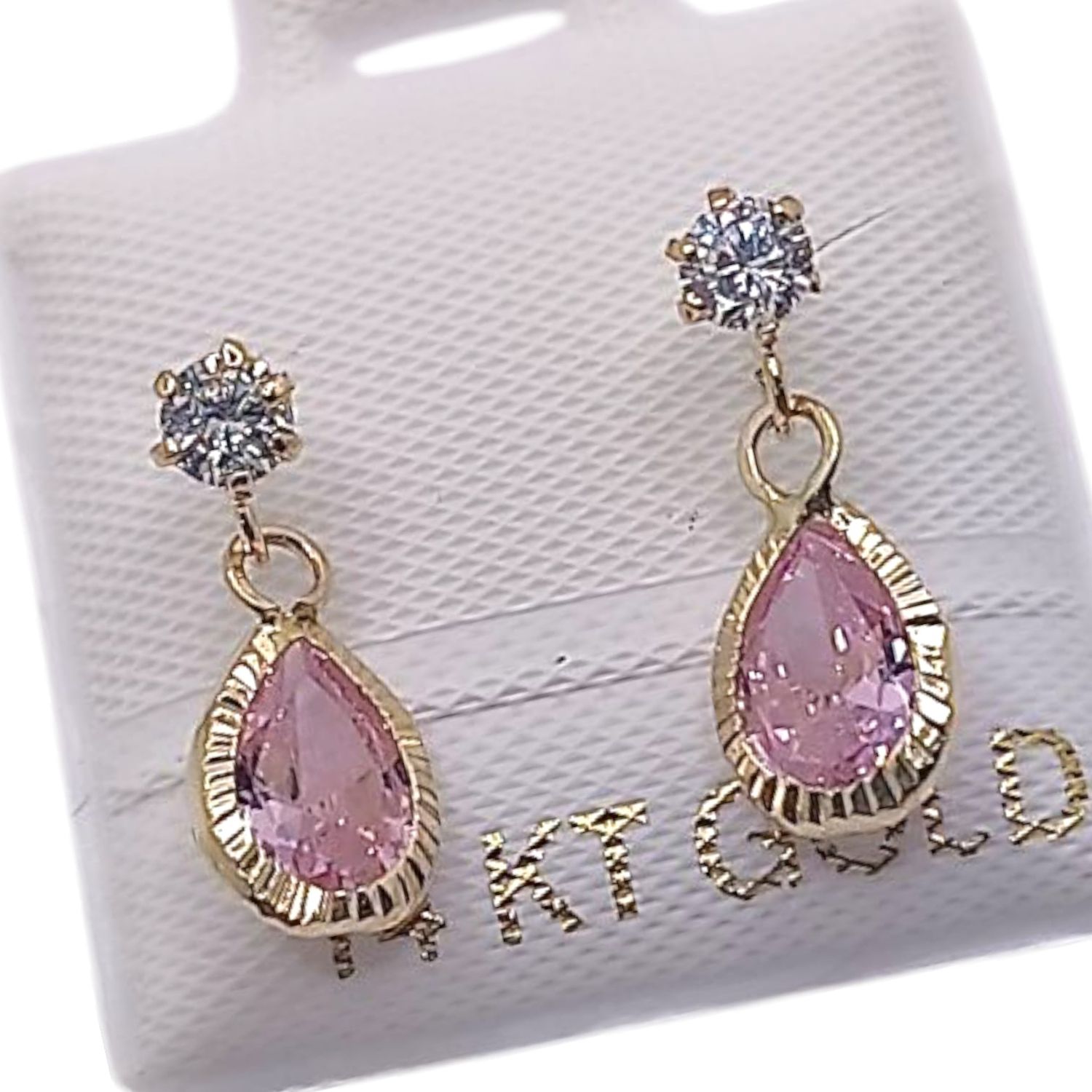 BROQUEL GOTA CON BISEL CZ ROSA, BROCHE BOLITA, ORO 14K