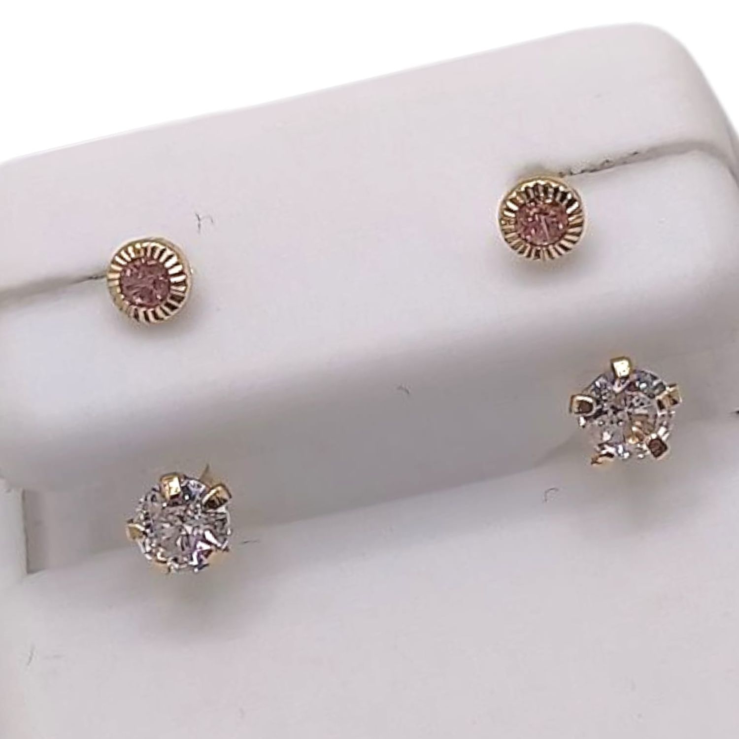 BROQUEL CURVO CZ BCO Y ROSA, ORO 14K