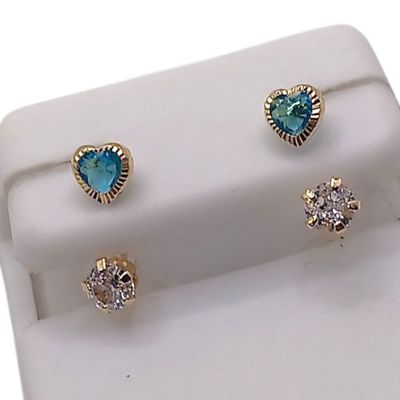 BROQUEL CURVO CORAZON CZ AZUL, ORO 14K