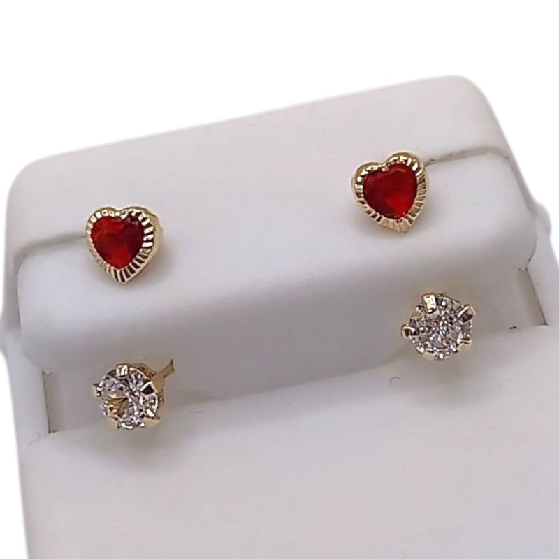 BROQUEL CURVO CORAZON CZ ROJA, ORO 14K