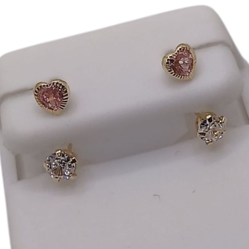 BROQUEL CURVO CORAZON CON CZ ROSA, ORO 14K