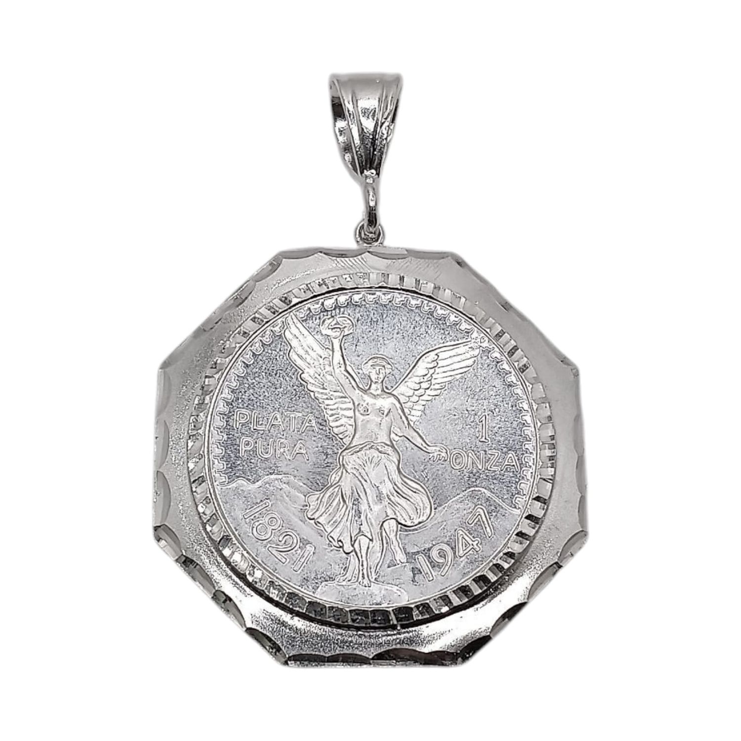 DIJE BISEL EXAGONAL CON MONEDA ONZA DE PLATA , PLATA .925