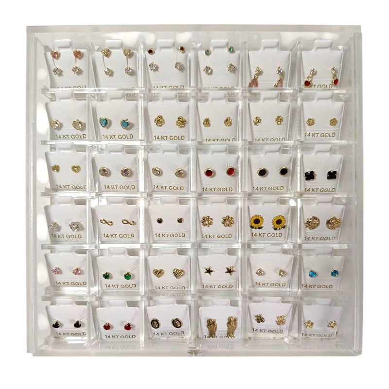 10% DESCUENTO BROQUEL SURTIDO 36 PARES ESTUCHE DE ACRILICO, ORO 14K (CODIGO 10OFF)