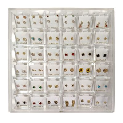 10% DESCUENTO BROQUEL SURTIDO 36 PARES ESTUCHE DE ACRILICO, ORO 14K (CODIGO 10OFF)