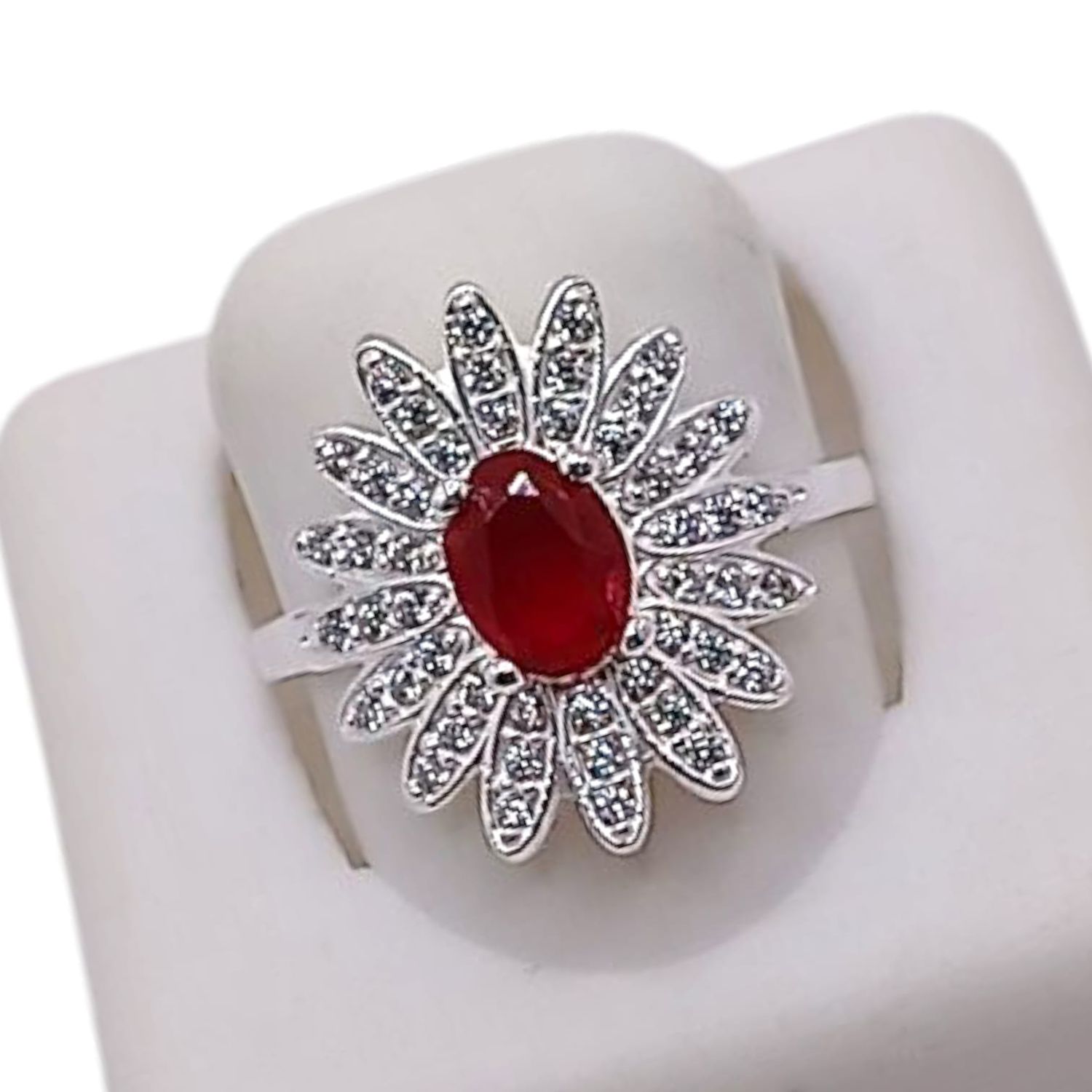 ANILLO FLOR CZ ROJA Y BCZ, VARIAS MEDIDAS, PLATA .925