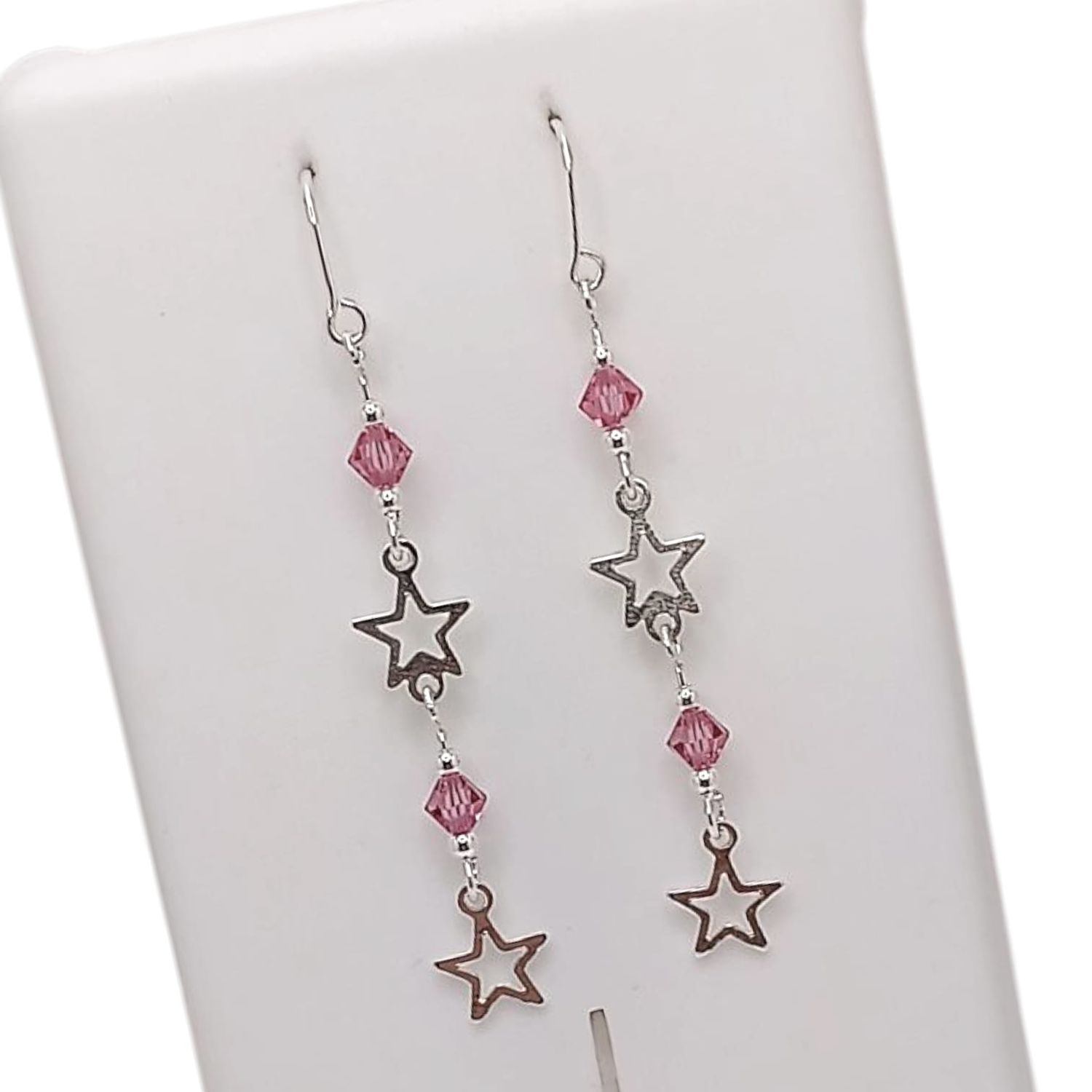 ARETE VIOL LARGO ESTRELLAS SW ROSA,  5.5 CM. PLATA .925