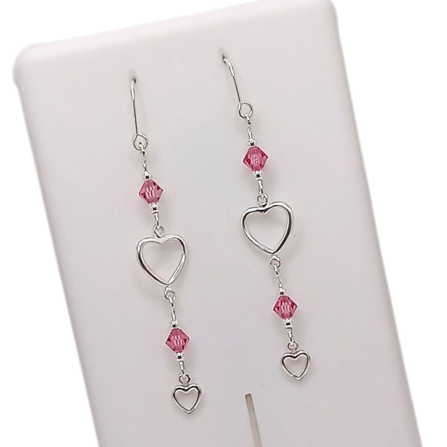 ARETE CORAZONES CZ ROSA  LARGO VIOL 5.5 CM,  PLATA .925