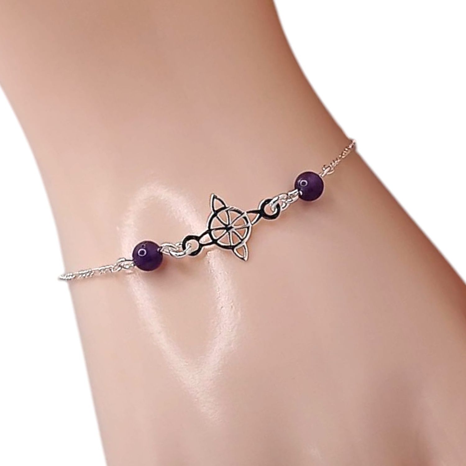 PULSERA NUDO DE BRUJA BOLITAS MORADAS,7&quot;, PLATA .925