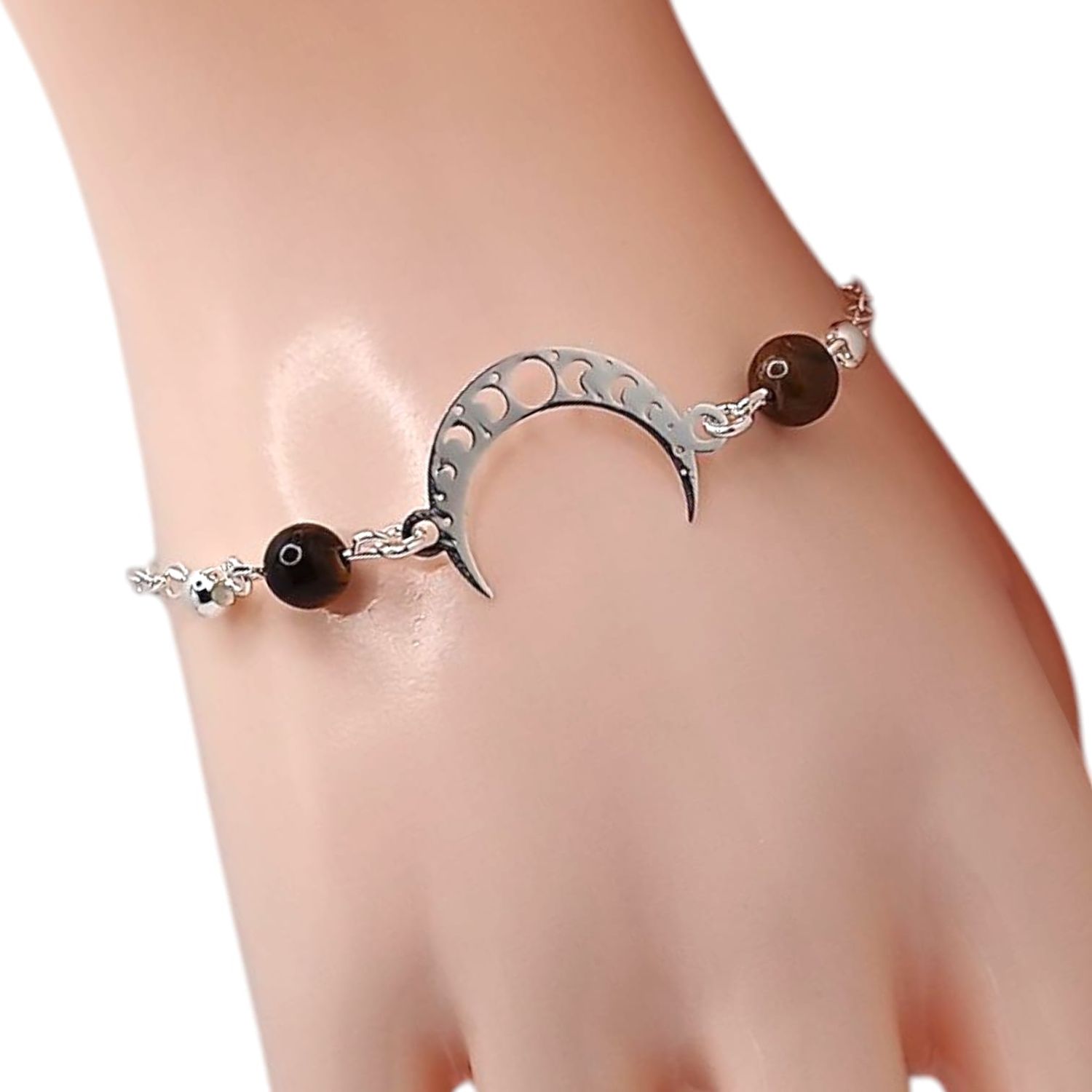 PULSERA LUNA BOLITA CAFE7&quot;, PLATA .925