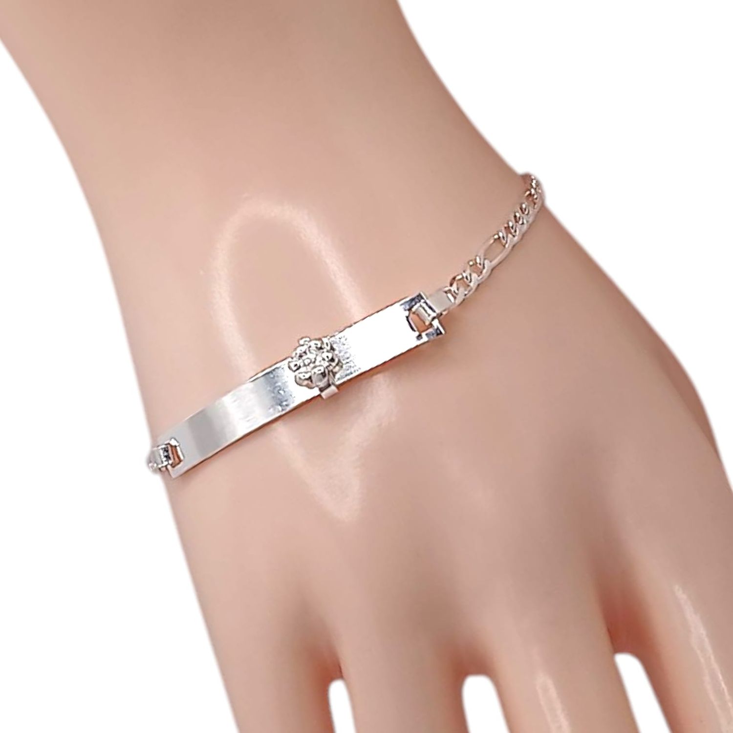 PULSERA FIGARO  CON PLACA Y FLOR MOVIBLE 7&quot; 3 MM, PLATA .925