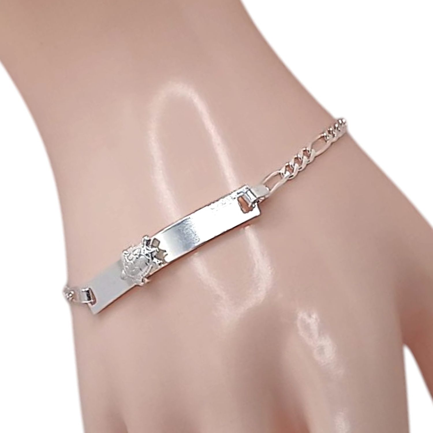 PULSERA FIGARO CON PLACA Y TORTUGA MOVIBLE 7&quot; 3MM, PLATA .925