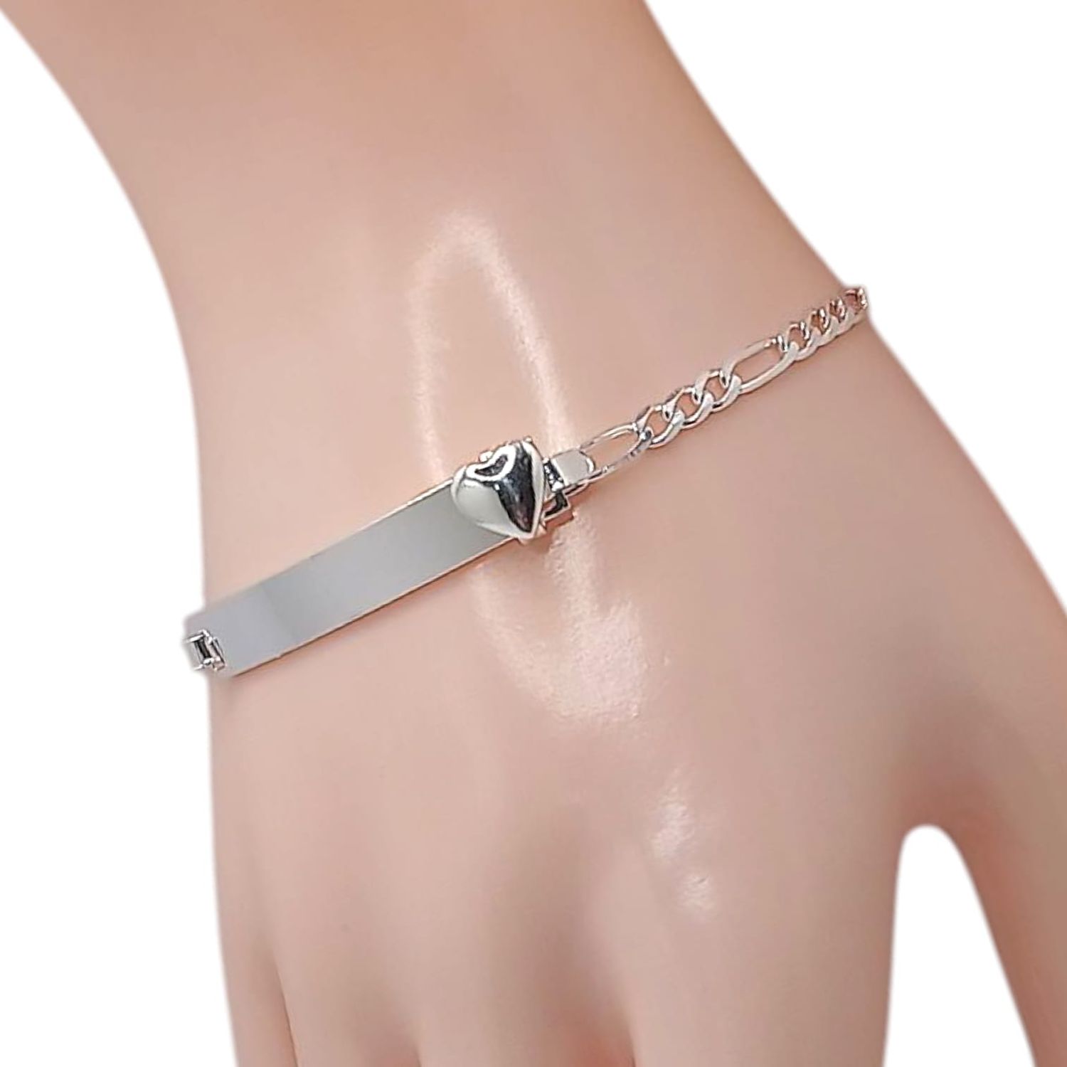 PULSERA FIGARO CON PLACA Y CORAZON MOVIBLE 7&quot; 3 MM, PLATA .925