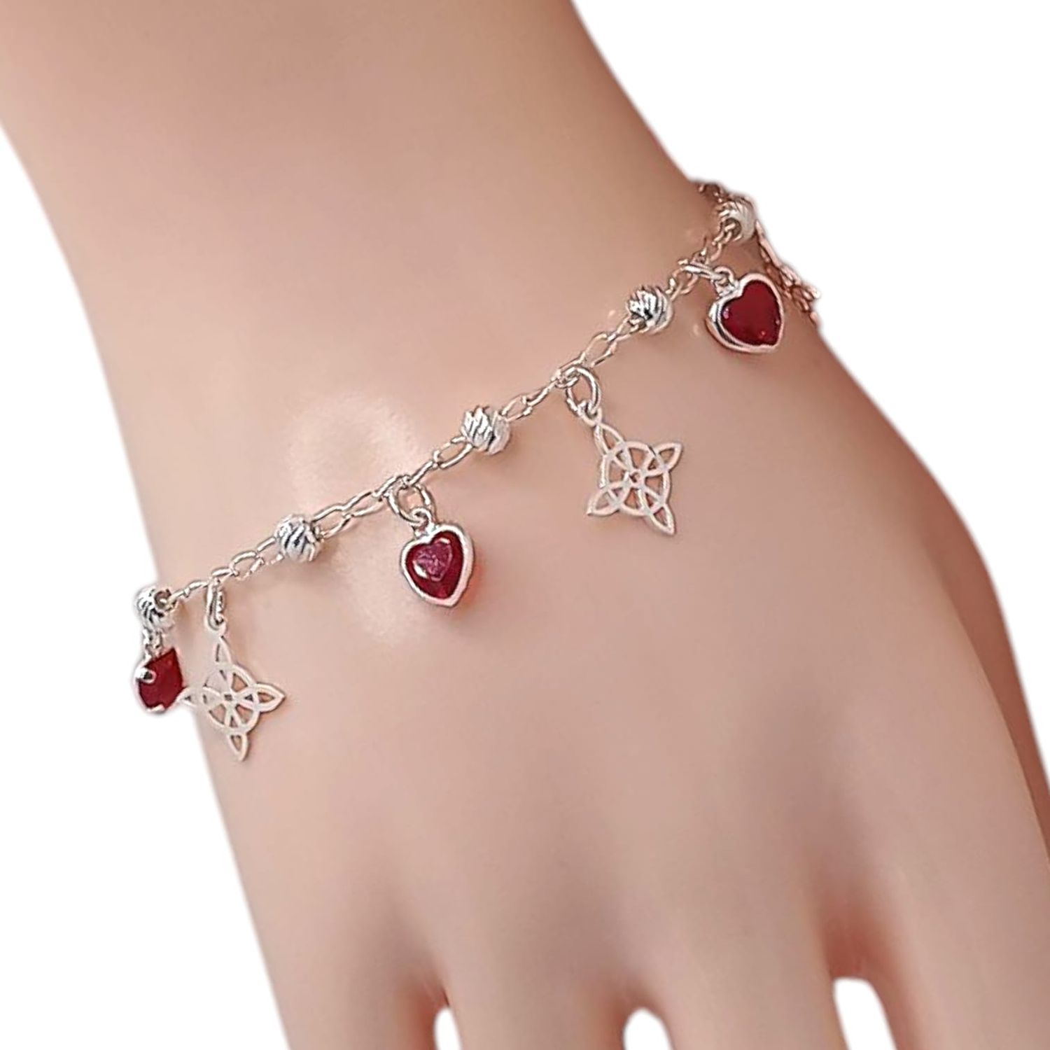 PULSERA NUDO DE BRUJA CON CORAZON CZ ROJA,7&quot; AJUSTABLE, PLATA .925