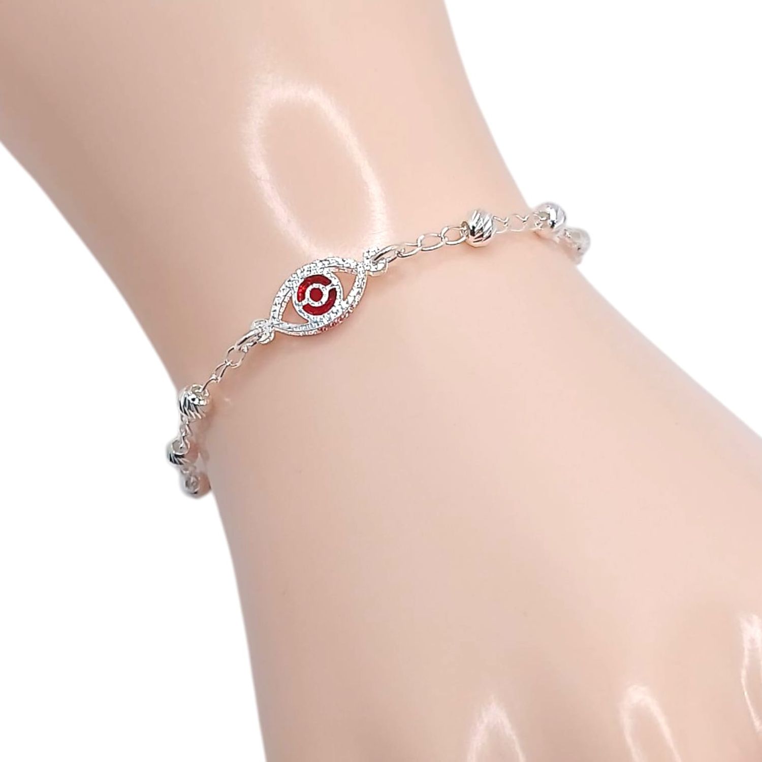 PULSERA OJO CZ ROJA Y BOLITA  4 MM 7&quot; AJUSTABLE, PLATA .925