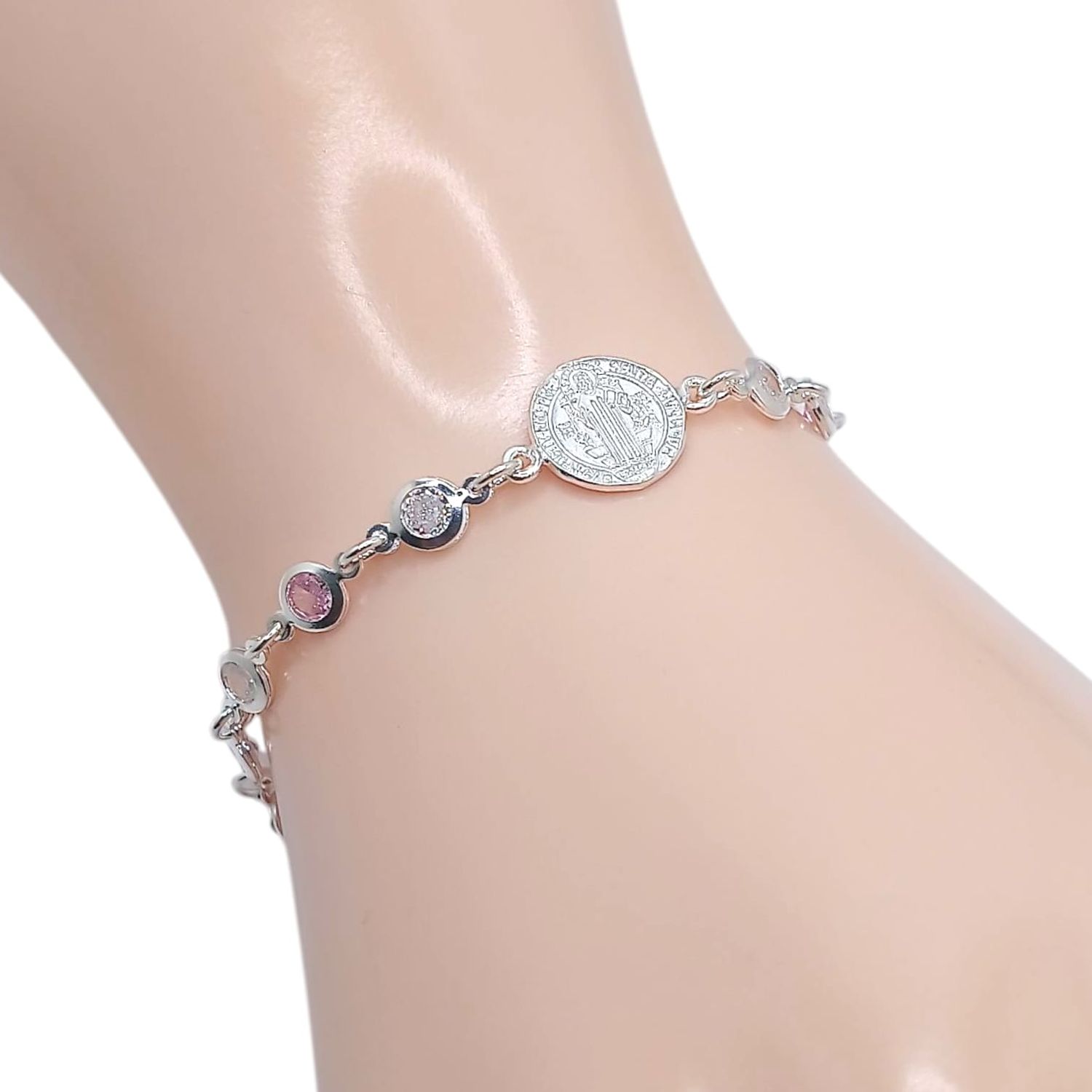 PULSERA SAN BENITO CZ ROSA Y BCA, 7&quot; AJUSTABLE PLATA .925