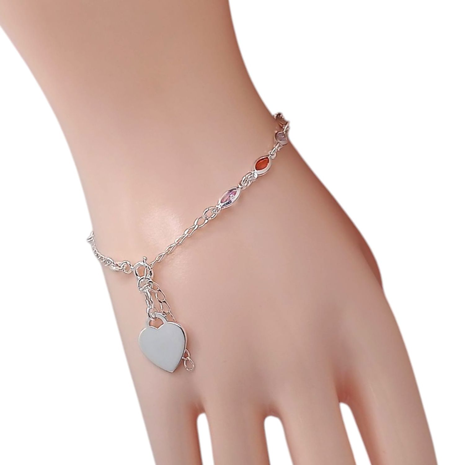 PULSERA CZ MULTICOLOR  Y CORAZON 7&quot; AJUSTABLE PLATA .925