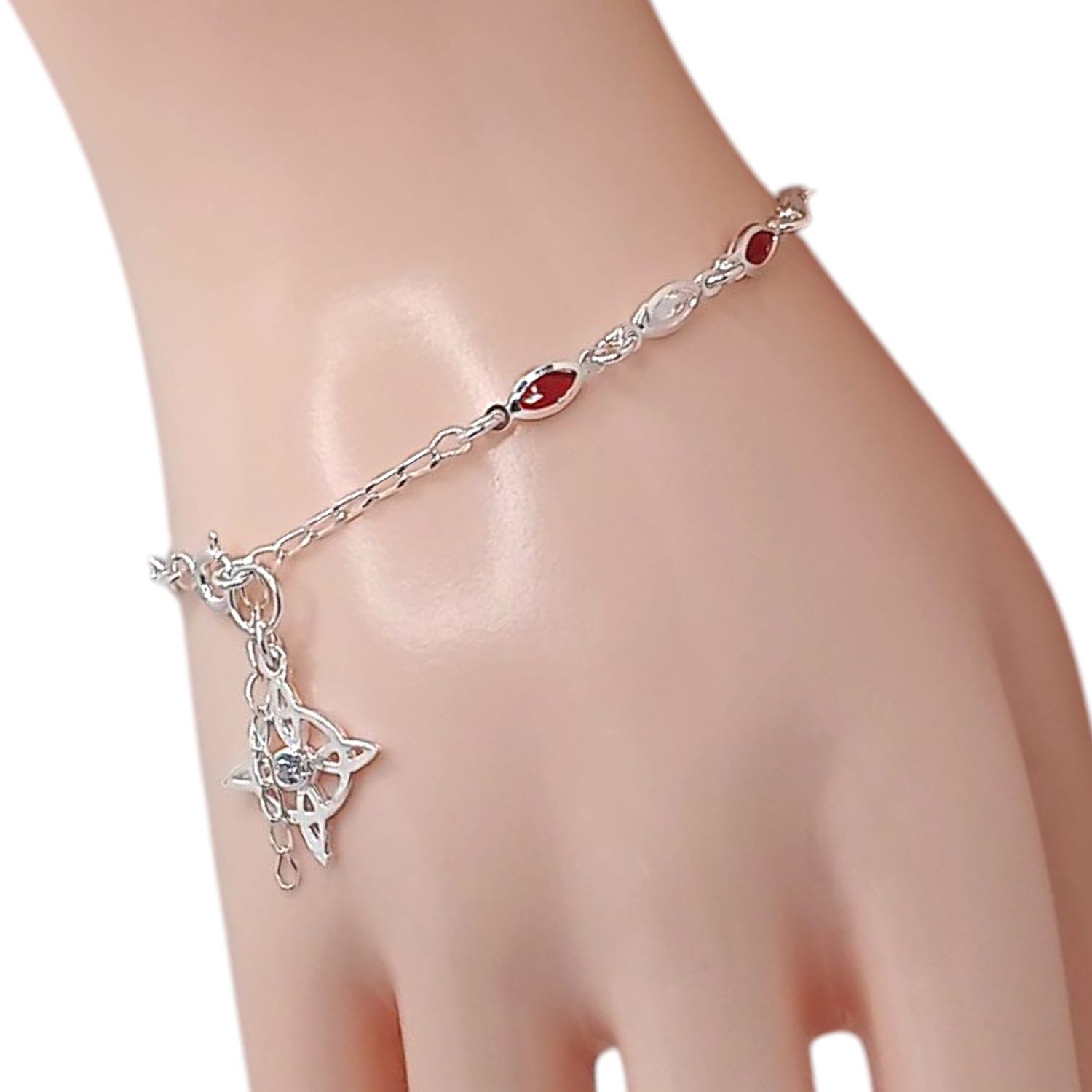 PULSERA  CZ ROJA Y BCA, NUDO DE BRUJA 7&quot; AJUSTABLE PLATA .925