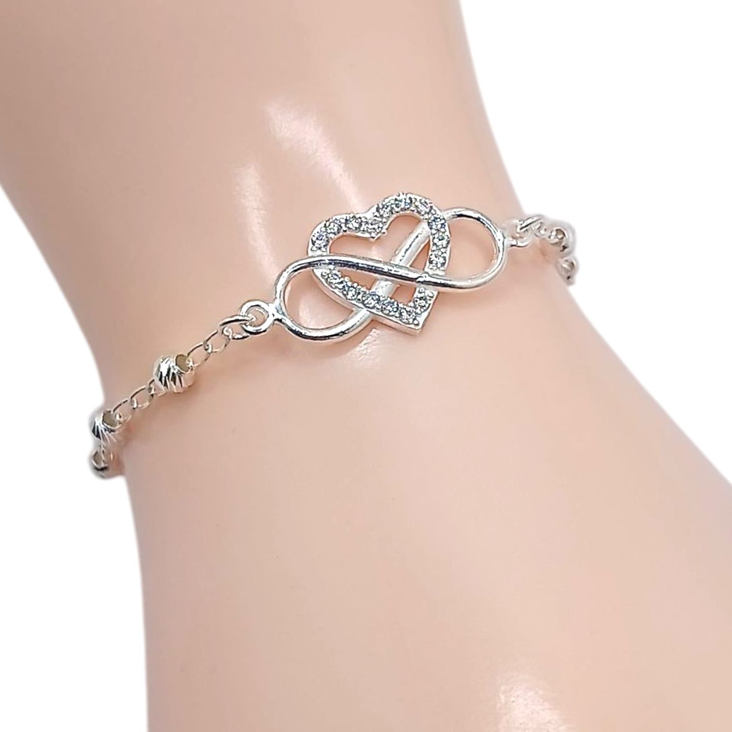 PULSERA  INFINITO Y CORAZON CON MINI CZ 7.5&quot; AJUSTABLE, PLATA .925