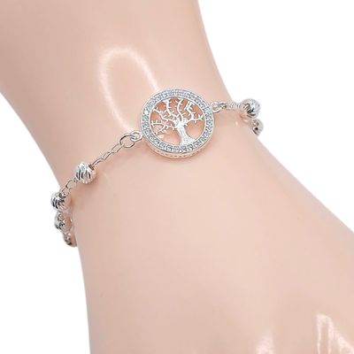 PULSERA ARBOL DE LA VIDA CON BOLITAS 4.5MM 7" AJUSTABLE PLATA .925