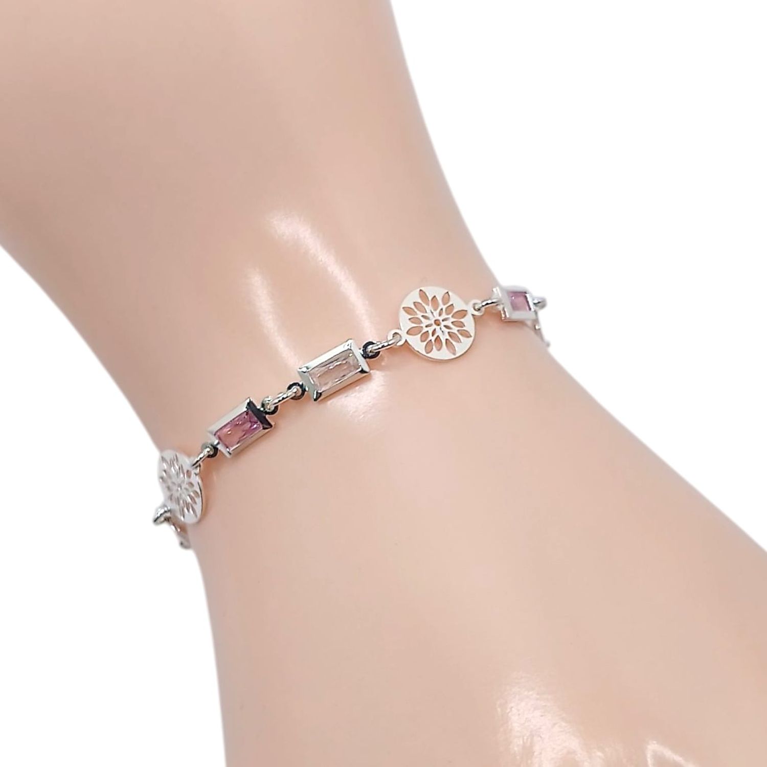 PULSERA CZ ROSA Y BCA, 7&quot;, PLATA .925