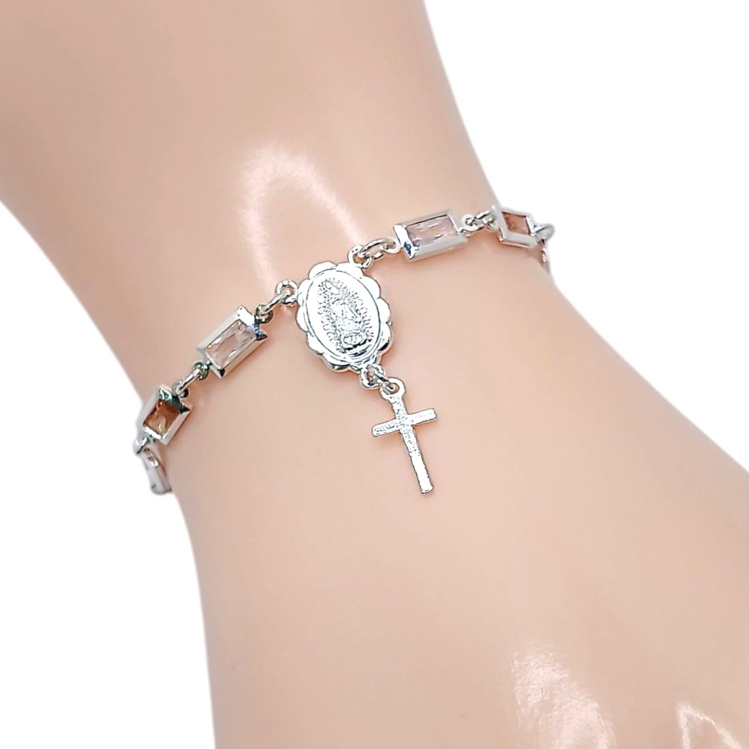 PULSERA VIRGEN DE GPE Y CRUZ CON CZ AMBAR Y BCA, PLATA .925