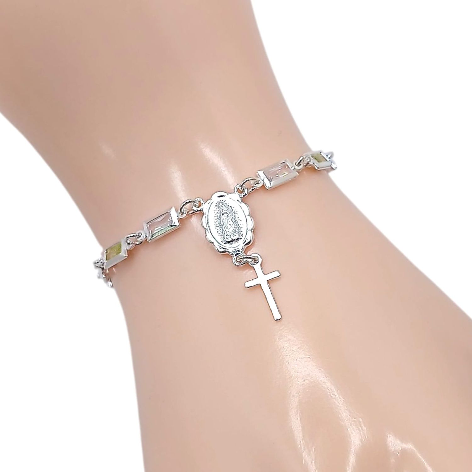 PULSERA VIRGEN DE GPE Y CRUZ CON CZ AMARILLA Y BCA 7&quot; AJUSTABLE, PLATA .925