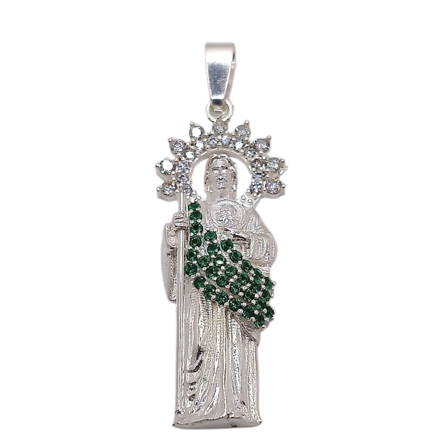 DIJE SAN JUDAS T 4 CM CON CZ VERDE Y BCA,  PLATA .925
